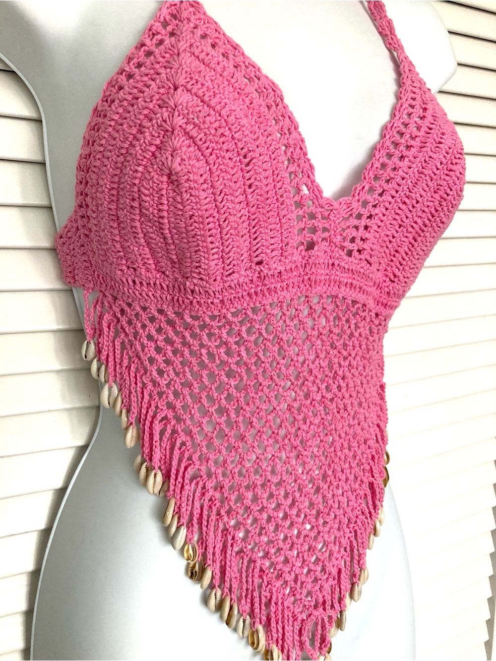 Handmade Pink Crochet Halter Top with Gold Shell Trim
